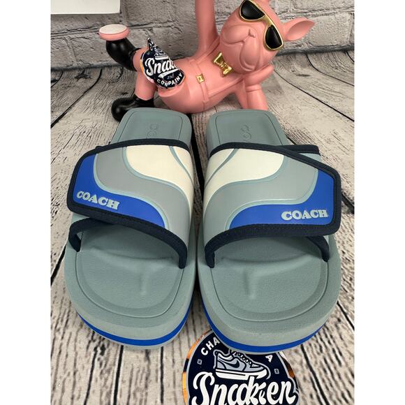 Coach Leather Sport Slides Mens 7 Blue Color block Summer Sandals Slip NEW $190 - Picture 2 of 8